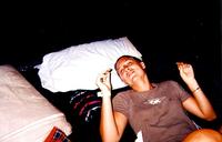 July 1999: Heather eating our food supplies at Woodstock