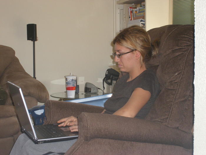 Heather spending hours programming the lights to move with the music.