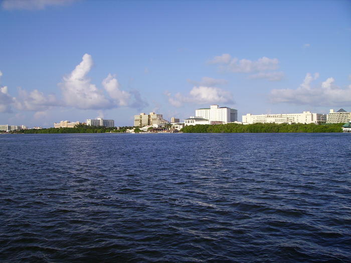 The hotel strip from the lagoon.